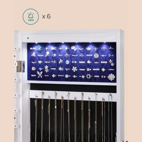 SONGMICS Szafka na biżuterię z długim lustrem, z 6 diodami LED, kolor biały 108 cm