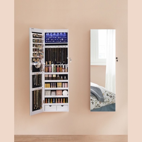 SONGMICS Szafka na biżuterię z długim lustrem, z 6 diodami LED, kolor biały 108 cm