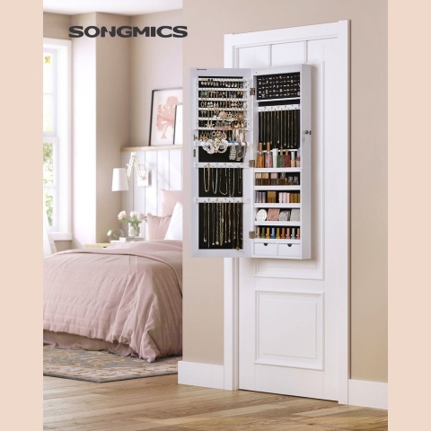 SONGMICS Szafka na biżuterię z długim lustrem, z 6 diodami LED, kolor biały 108 cm