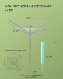 Suszarka ogrodowa obrotowa stojąca SONGMICS 45m linki , na pranie mocna pokrowiec