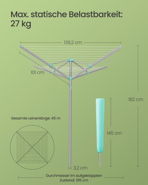 Suszarka ogrodowa obrotowa stojąca SONGMICS 45m linki , na pranie mocna pokrowiec