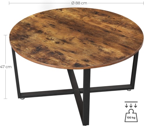 VASAGLE LCT88X Stolik Kawowy Okrągły Do Salonu Brązowy Rustykalny 88cm