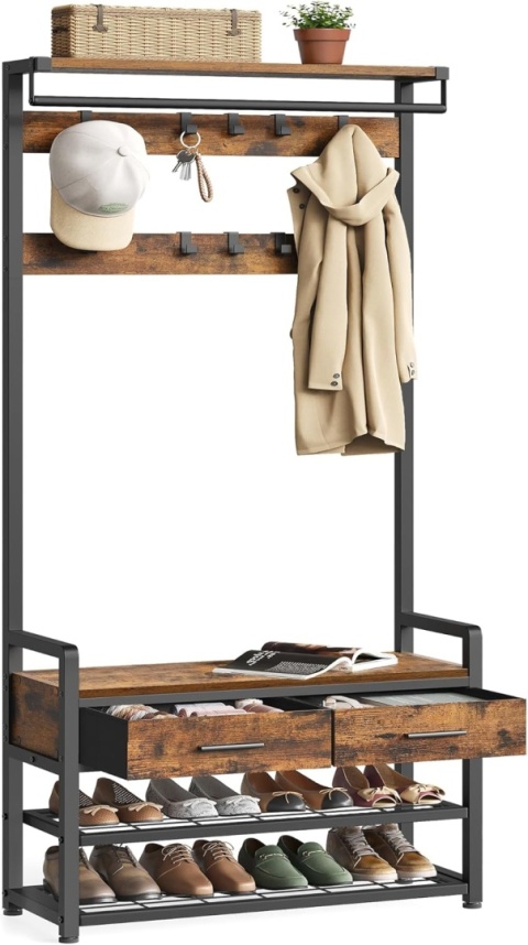 Wieszak na ubrania z ławką buty, szafa, schowek buty, 2 szuflady