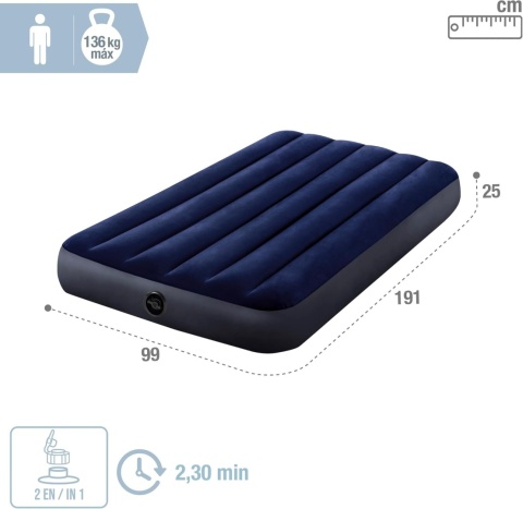 Materac Dmuchany Welurowy Jednoosobowy Łóżko 191x99x25 Intex 64757 New2026