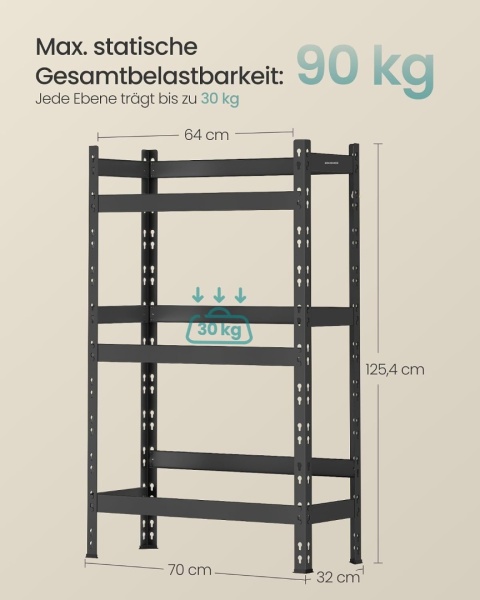 Regał magazynowy metalowy Songmics 125,4 x 70 x 32 cm max 30 kg na półkę
