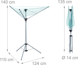 Relaxdays Suszarka na pranie, 15 m wys. 140 cm, srebrna