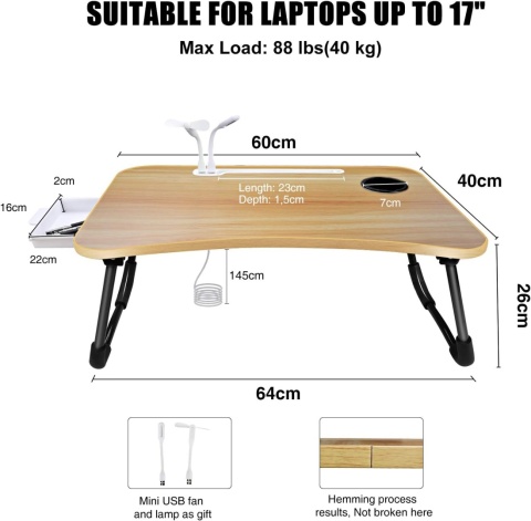 A3A ACADGQ stolik pod laptopa, składany, 60 x 40 cm portami USB do ładowania, szufladą