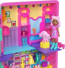 Polly Pocket Słodki salonik modowy Rozkładany zestaw z 2 lalkami i ponad 35 elementami