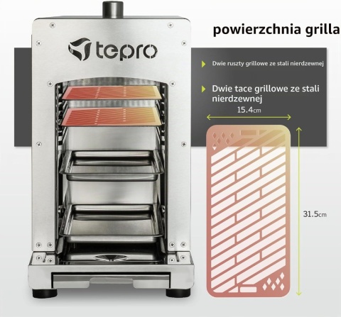 Tepro Toronto 3184 Grill do Steków do 800 °C, Srebrny, 56 x 23 x 40.5 cm