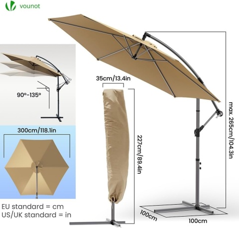 VOUNOT parasol ogrodowy 300 cm z podstawą, z korbą