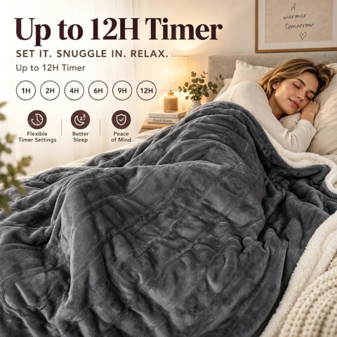 Bedsure Koc elektryczny 130x180 cm, flanela i Sherpa, 6 poziomów, timer 12h, szary