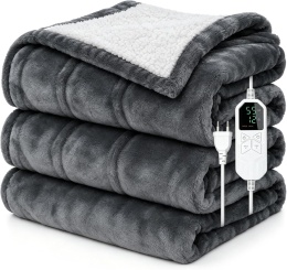 Bedsure Koc elektryczny 130x180 cm, flanela i Sherpa, 6 poziomów, timer 12h, szary
