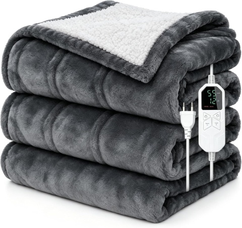 Bedsure Koc elektryczny 130x180 cm, flanela i Sherpa, 6 poziomów, timer 12h, szary