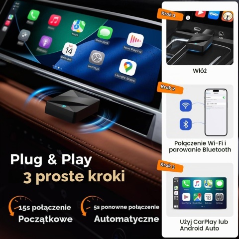Bezprzewodowy adapter 2 w 1 do Carplay i Android Auto, Plug & Play