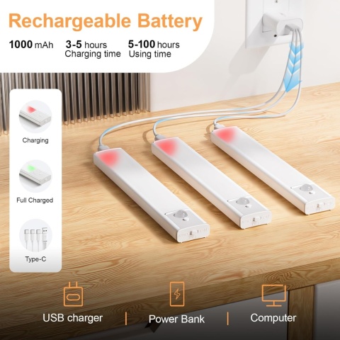 DAPHOMEU – ZESTAW 5 LAMPEK LED PODSZAFKOWYCH Z CZUJNIKIEM RUCHU USB-C 20CM