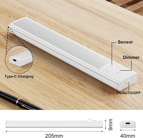 DAPHOMEU – ZESTAW 5 LAMPEK LED PODSZAFKOWYCH Z CZUJNIKIEM RUCHU USB-C30CM