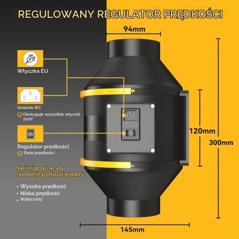 FanGoFast Regulowany wentylator do kanału dymnego 100 mm, 230 V