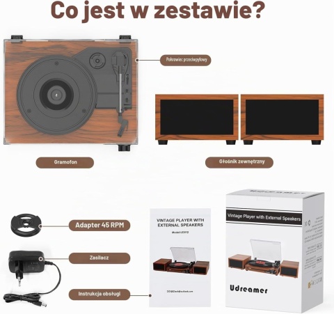 Gramofon Udreamer UD012 Vintage z Głośnikami - Bluetooth 5.3 - Stereo - USB