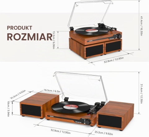 Gramofon Udreamer UD012 Vintage z Głośnikami - Bluetooth 5.3 - Stereo - USB
