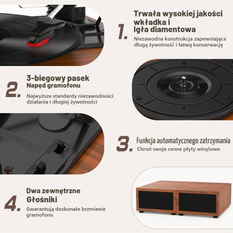 Gramofon Udreamer UD012 Vintage z Głośnikami - Bluetooth 5.3 - Stereo - USB