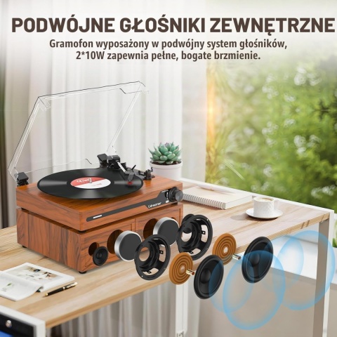 Gramofon Udreamer UD012 Vintage z Głośnikami - Bluetooth 5.3 - Stereo - USB