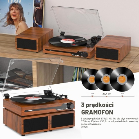 Gramofon Udreamer UD012 Vintage z Głośnikami - Bluetooth 5.3 - Stereo - USB