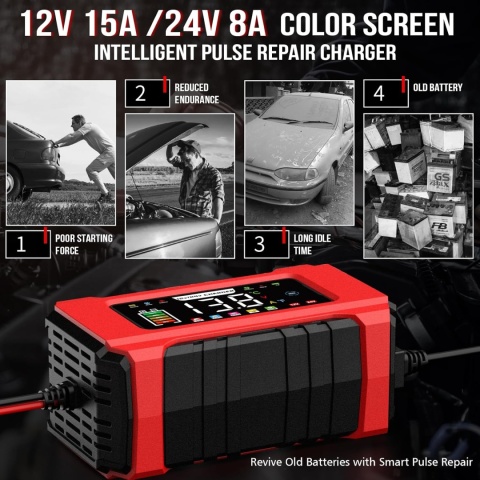 Inteligentna, w pełni automatyczna ładowarka akumulatorów samochodowych 15 A, 12 V/24 V WTYCZKA PL