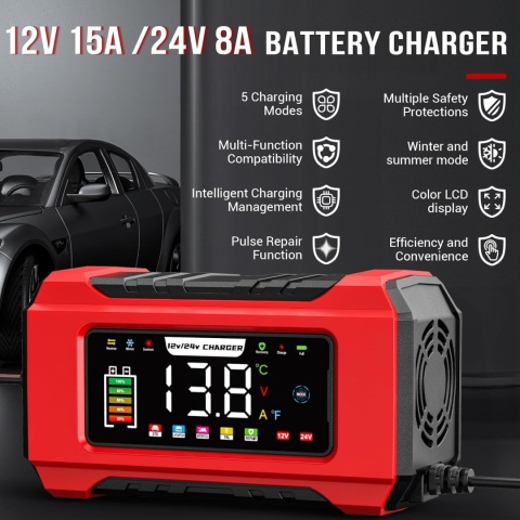 Inteligentna, w pełni automatyczna ładowarka akumulatorów samochodowych 15 A, 12 V/24 V WTYCZKA PL