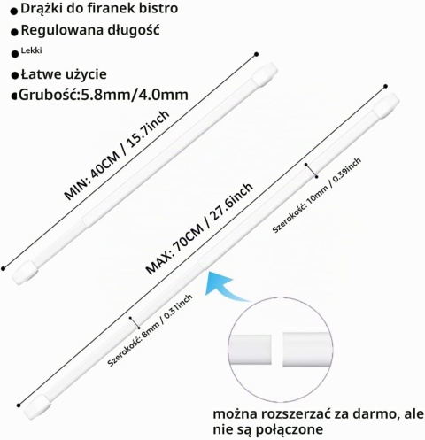 Karnisz rozporowy 40-70 cm biały bez wiercenia Aiitomg regulowany 2 szt