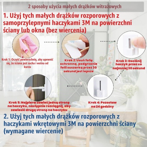 Karnisz rozporowy 50-85 cm, białe bez wiercenia Aiitomg regulowany 2 szt