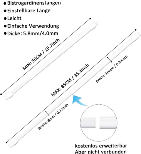 Karnisz rozporowy 50-85 cm, białe bez wiercenia Aiitomg regulowany 2 szt
