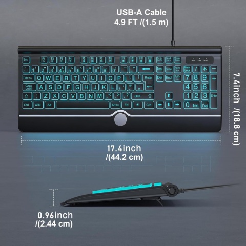 Klawiatura przewodowa USB-A z podświetleniem i dużymi znakami QWERTY 7 kolorów- 3 poziomy jasności,