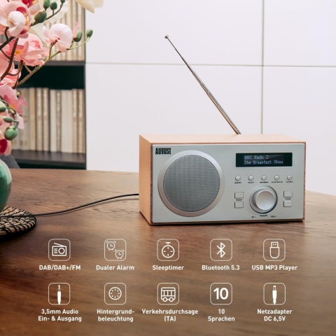 Radio sieciowe August MB420 DAB+/FM radio z Bluetooth, drewniana obudowa
