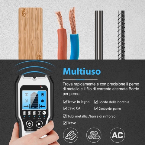 SKANER ŚCIENNY FOLAI WYKRYWACZ KOŁKÓW DO DREWNA METALU KABLI 4W1 LCD PRO