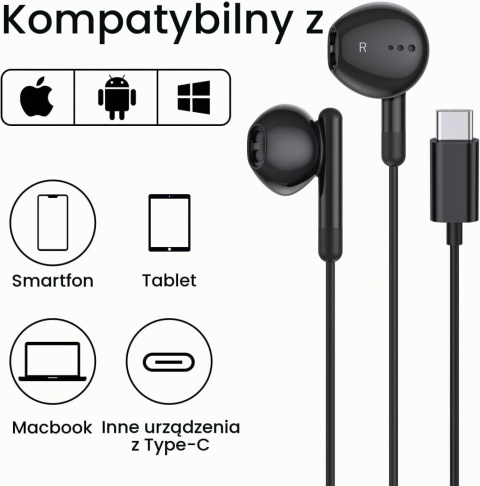 SŁUCHAWKI PRZEWODOWE BENEWY ME540 USB-C CZARNE DOUSZNE 1,2 M