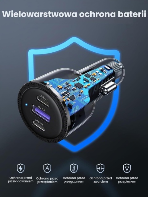 UGREEN Szybka ładowarka samochodowa 69 W USB C, PD, QC 3.0,