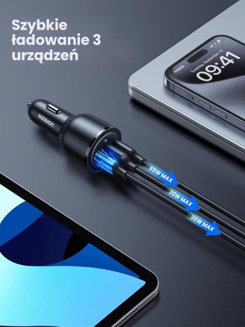 UGREEN Szybka ładowarka samochodowa 69 W USB C, PD, QC 3.0,