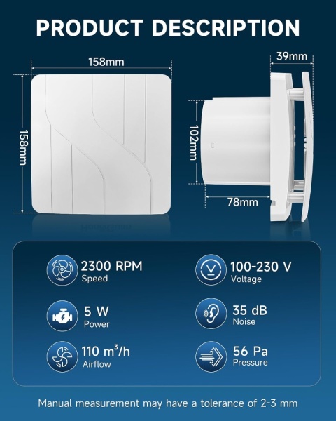 Wentylator łazienkowy Hon&Guan 102 mm z wyłącznikiem czasowym, 110 m³/h, 5 W, cichy (35 dB)