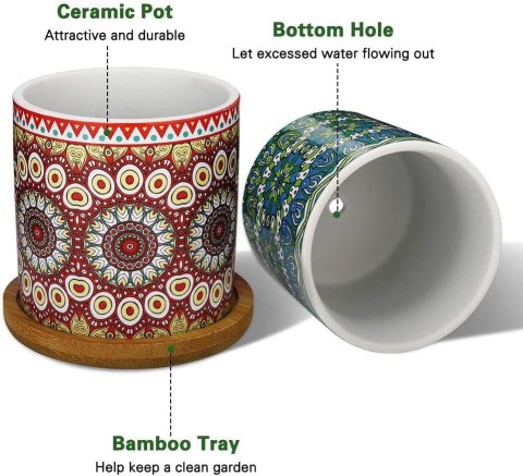 Lewondr zestaw 4 doniczek- ceramicze doniczki z tacą bambusową