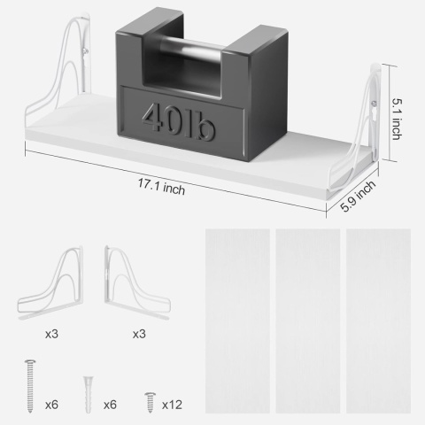 SRIWATANA Regał ścienny, biały, 43 cm, drewniany, zestaw 3 regałów