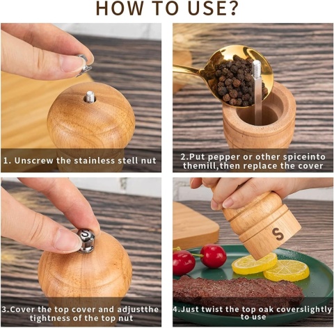 Haomacro Młynek do przypraw, drewniany, zestaw 2 sztuki