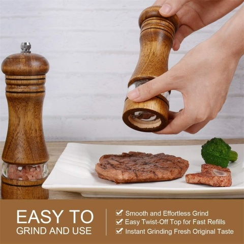 Haomacro Zestaw młynków do pieprzu i soli, z naturalnego drewna 16,5cm