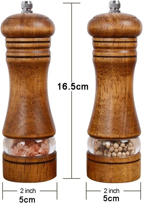 Haomacro Zestaw młynków do pieprzu i soli, z naturalnego drewna 16,5cm