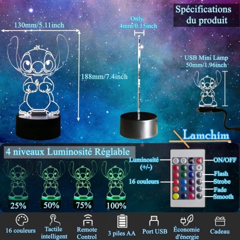 Lampa Stitch 3D Manga LED lampka nocna, Stitch 16 kolorów 3D Lampa Stitch 3D Manga LED lampka nocna, Stitch 16 kolorów 3D