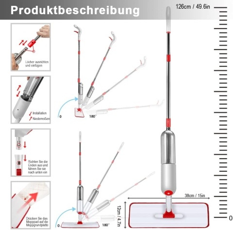Masthome Mop podłogowy z funkcją spryskiwania 500 ml i 5 podkładkami