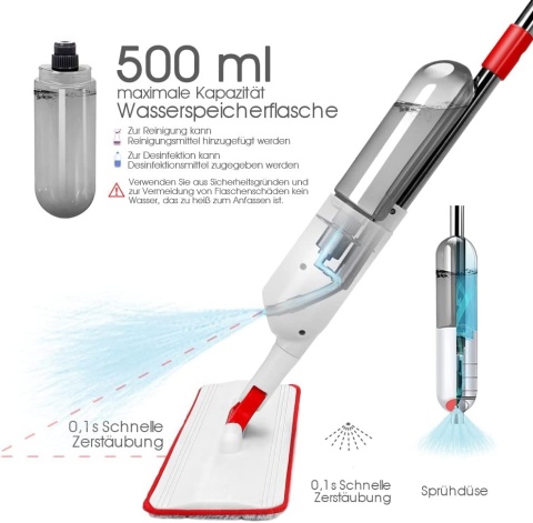 Masthome Mop podłogowy z funkcją spryskiwania 500 ml i 5 podkładkami
