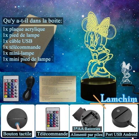 Piękna lampka nocna LED Myszka Miki Minnie, pilot USB 3D 16 kolorow Piękna lampka nocna LED Myszka Miki Minnie, pilot USB 3D 16 kolorow