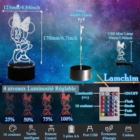 Piękna lampka nocna LED Myszka Miki Minnie, pilot USB 3D 16 kolorow Piękna lampka nocna LED Myszka Miki Minnie, pilot USB 3D 16 kolorow
