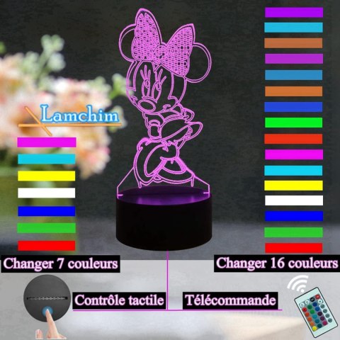 Piękna lampka nocna LED Myszka Miki Minnie, pilot USB 3D 16 kolorow Piękna lampka nocna LED Myszka Miki Minnie, pilot USB 3D 16 kolorow