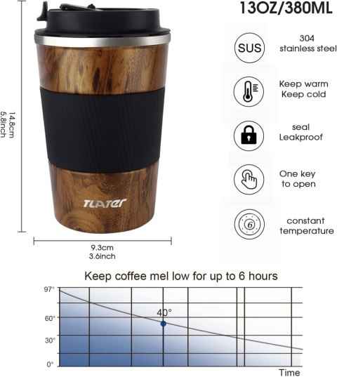 Tlater 380 ml kubek na wynos, kubek termiczny z pokrywką Tlater 380 ml kubek na wynos, kubek termiczny z pokrywką